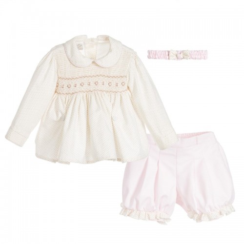 Girls Smocked Blouse & Pink Shorts Set with Matching Headband