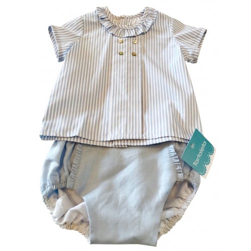 Baby Blue Stripe Frill Neck Top & Jam Pant Set