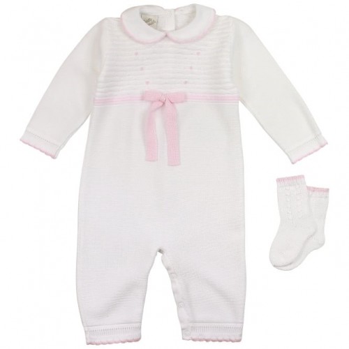 White Knitted Romper With Pink Bow And Socks