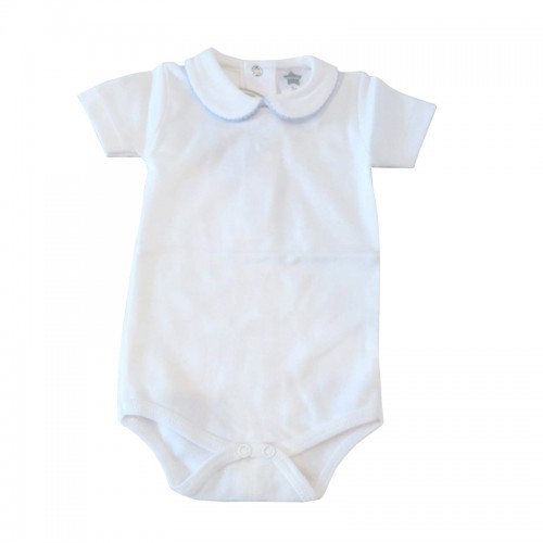 White Peter pan Bodysuit With Blue Trim   