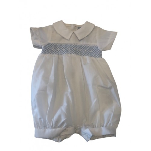 NEW  IN BABY BOYS WHITE SMOCKED ROMPER