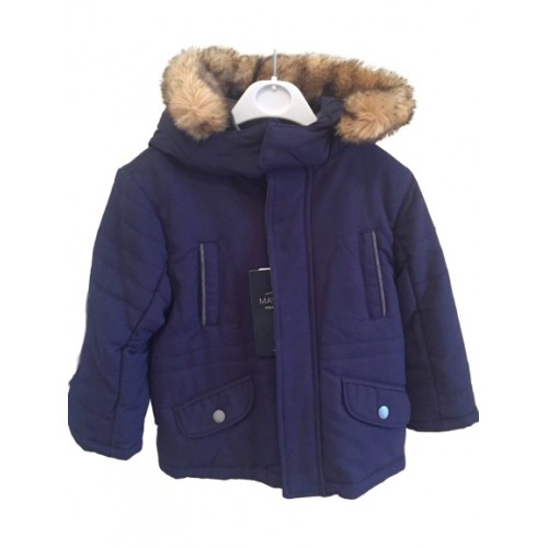 Boys Navy Blue Fur Hooded Coat 