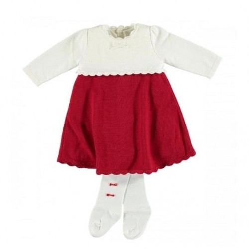 Girls Red/Cream Knit Dress with Tights